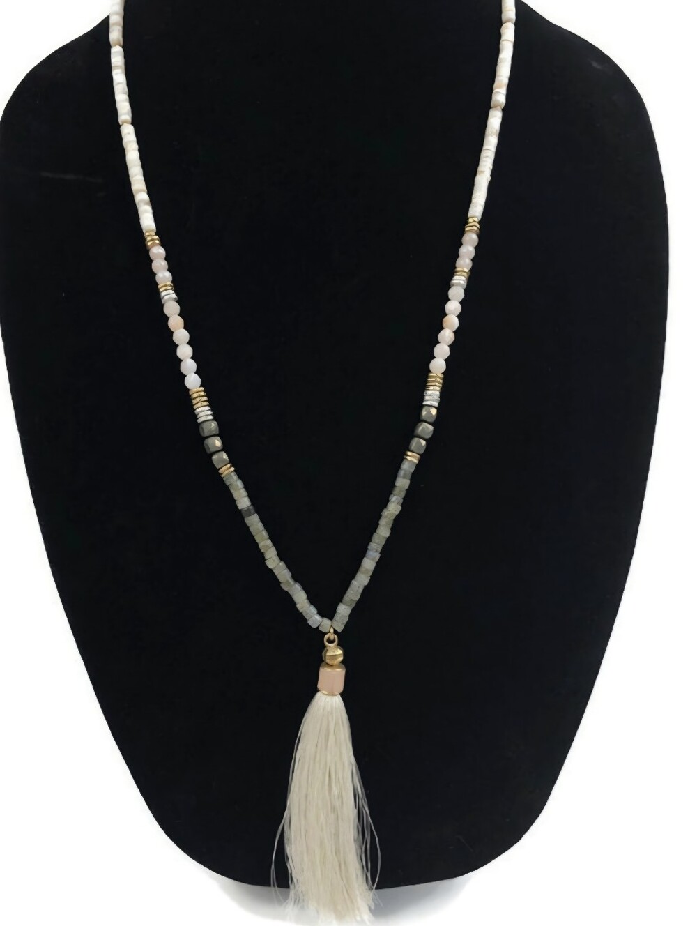 Stella & Dot Puka Shell, Bead & Stone w/Gold Long Tassel Bohemian Necklace